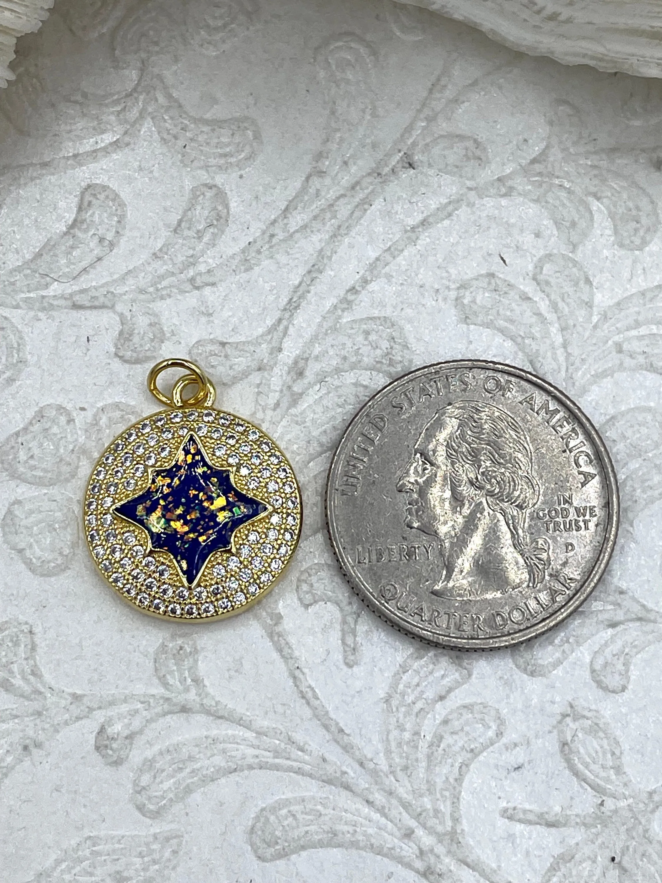 Gold Charms with Glitter Enamel and CZ, 4 Colors, Turquoise, Purple, White, Blue, Brass Charms, Cubic Zirconia, Glitter Enamel, Fast Ship